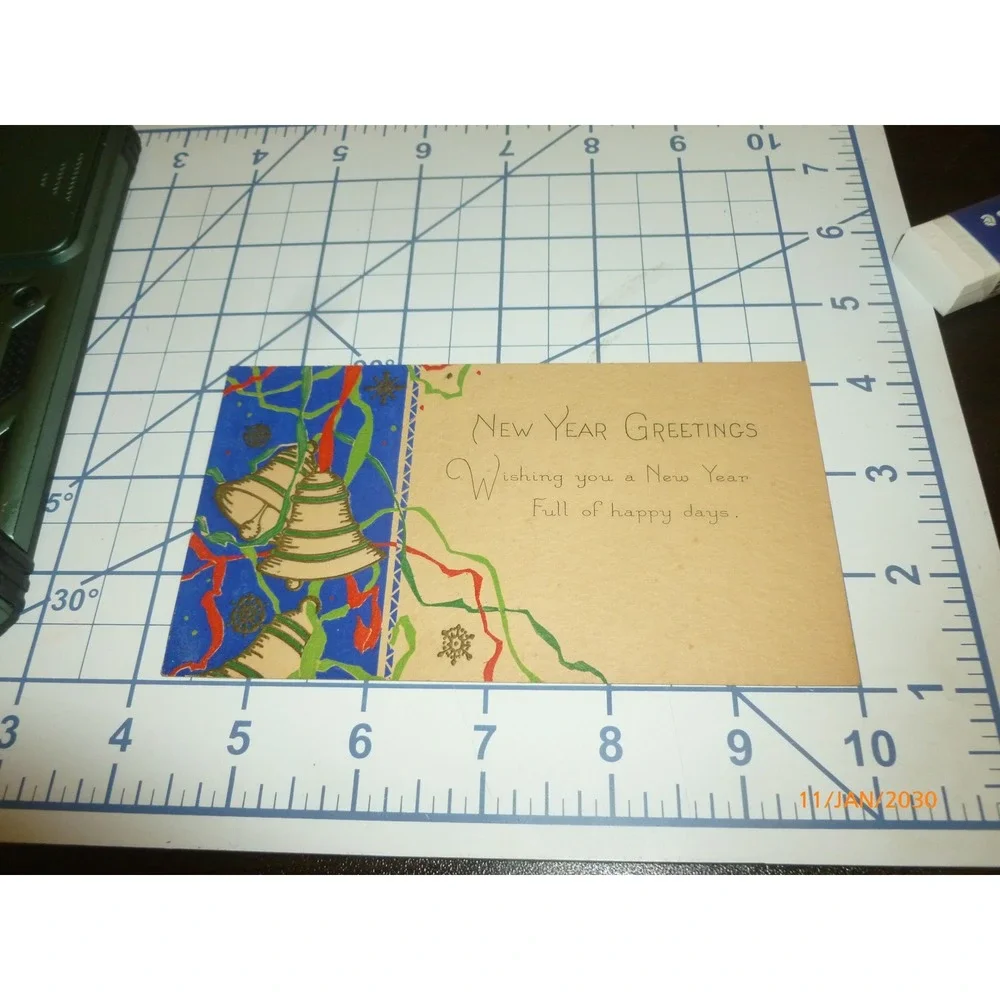 Vintage New Year‎ Greetings Card Bells Ribbons Art Deco Style Tan Blue 6x3.25in